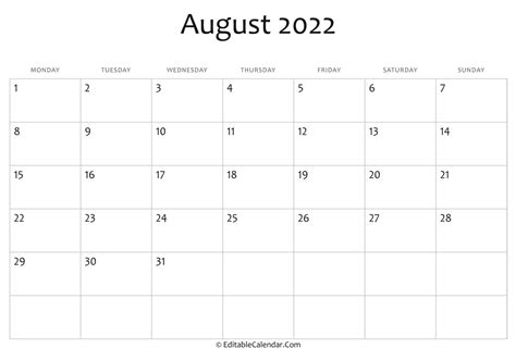 August 2022 Calendar Editable